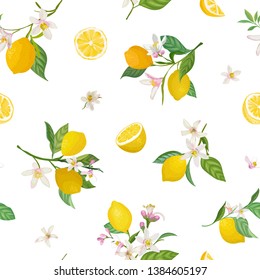 Seamless Lemon pattern with tropic fruits, leaves, flowers background. Hand drawn vector illustration in watercolor style for summer romantic cover, tropical wallpaper, vintage texture