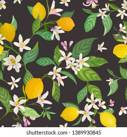 Patrón de limón sin foco con frutos tropicales, hojas, fondo de flores. Ilustración vectorial dibujada a mano en acuarela para la cubierta romántica de verano, papel tapiz tropical, textura vintage