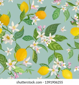 Seamless Lemon pattern with tropic fruits, leaves, flowers background. Hand drawn vector illustration in watercolor style for summer romantic cover, tropical wallpaper, vintage texture