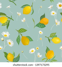 Seamless Lemon pattern with tropic fruits, leaves, daisy flowers background. Hand drawn vector illustration in watercolor style for summer romantic cover, tropical wallpaper, vintage texture