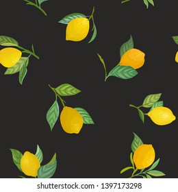 Seamless Lemon pattern with tropic fruits, leaves, flowers background. Hand drawn vector illustration in watercolor style for summer romantic cover, tropical wallpaper, vintage texture