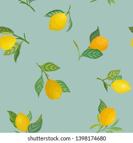 Seamless Lemon pattern with tropic fruits, leaves, flowers background. Hand drawn vector illustration in watercolor style for summer romantic cover, tropical wallpaper, vintage texture