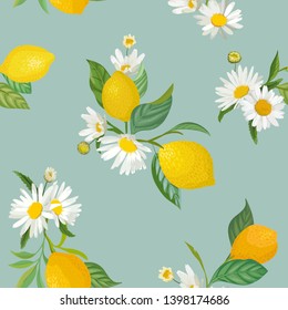 Seamless Lemon pattern with tropic fruits, leaves, daisy flowers background. Hand drawn vector illustration in watercolor style for summer romantic cover, tropical wallpaper, vintage texture