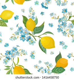 Seamless Lemon pattern with tropic fruits, leaves, forget me not flowers background. Hand drawn vector illustration in watercolor style for summer romantic cover, tropical wallpaper, vintage texture