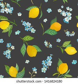 Patrón de limón sin foco con frutas tropicales, hojas, olvidarme no del fondo de las flores. Ilustración vectorial dibujada a mano en acuarela para la cubierta romántica de verano, papel tapiz tropical, textura vintage