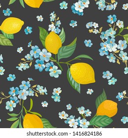 Seamless Lemon pattern with tropic fruits, leaves, forget me not flowers background. Hand drawn vector illustration in watercolor style for summer romantic cover, tropical wallpaper, vintage texture