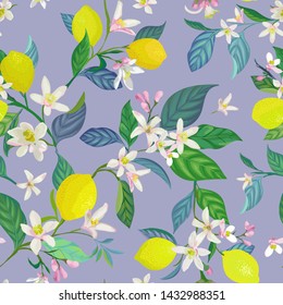 Seamless Lemon pattern with tropic fruits, leaves, flowers background. Hand drawn vector illustration in watercolor style for summer romantic cover, tropical wallpaper, vintage texture