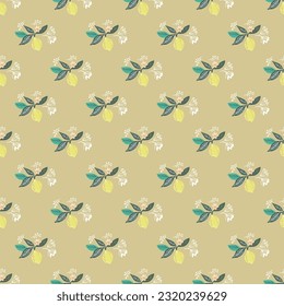 Seamless Lemon pattern with tropic fruits, leaves, flowers background. Hand drawn vector illustration. Style for summer romantic cover, tropical wallpaper, vintage texture. -Vector.