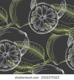 Seamless Lemon pattern with tropic fruits. Hand drawn vector illustration in sketch style for summer romantic cover, tropical wallpaper, vintage texture.