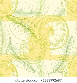 Seamless Lemon pattern with tropic fruits. Hand drawn vector illustration in sketch style for summer romantic cover, tropical wallpaper, vintage texture.