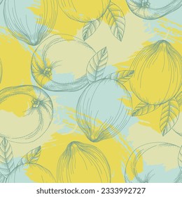 Seamless Lemon pattern with tropic fruits. Hand drawn vector illustration in sketch style for summer romantic cover, tropical wallpaper, vintage texture.