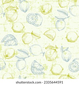 Nahtlose Zitronenmuster mit tropischen Früchten. Handgezeichnete Vektorgrafik im Skizzenstil für Sommerromantik, tropische Tapete, Vintage-Textur.