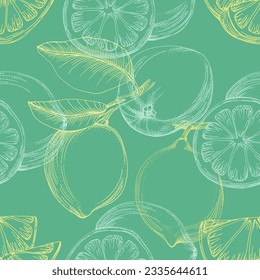 Seamless Lemon pattern with tropic fruits. Hand drawn vector illustration in sketch style for summer romantic cover, tropical wallpaper, vintage texture.