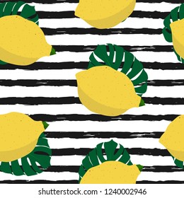 Seamless lemon pattern with tropical leaves on horizontal striped background. Hand drawn citrus illustration. Template for print,  postcards, poster, party,  summer background, vintage textile. Vector