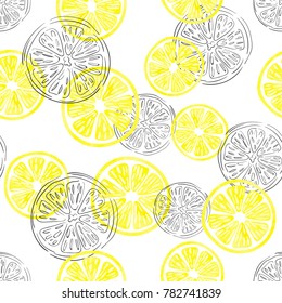 Seamless lemon pattern. Vector background with watercolor and doodle lemon slices.