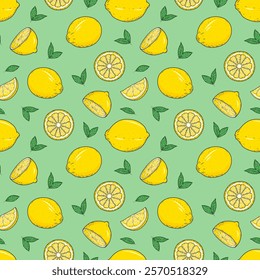 Seamless Lemon Pattern Vector: Hand-Drawn Citrus Fruits, Slices, and Leaves on Green Background – Perfect for Packaging, Textile, and Summer-Themed Design Projects.