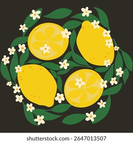 Seamless lemon pattern with vibrant yellow citrus fruit and lush green leaves on an elegant black background. This high-resolution vector design combines a modern aesthetic with a fresh, zesty theme—p