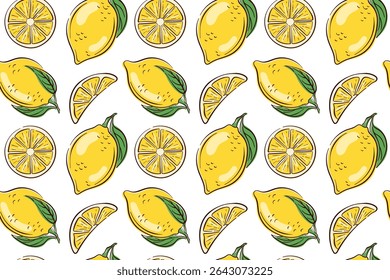 Seamless lemon pattern with whole fruit, slices and leaves in flat style. Citrus background for packaging, kitchen decor, textiles or summer themed design.