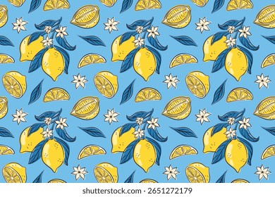 Seamless lemon pattern with whole, fruit slice, flower and leaf on a blue background in flat style. Perfect for summer citrus theme, natural food design, healthy lifestyle and tropical fresh concept.