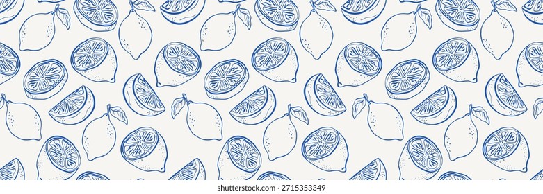 Seamless lemon pattern with whole fruits and sliced citrus in Mediterranean style. Fresh repeat for kitchen textiles, packaging, wallpapers, tableware and food branding.