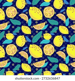 Padrão de limão sem costura com frutas inteiras, fatias e folhas de chupeta sobre um fundo escuro de bolinhas marinhas. Arrojado, moderno e suculento — ótimo para embalagens de verão, decoração de cozinha e tecidos vibrantes.