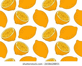 Patrón de limón sin fisuras de limón entero y la mitad. Fondo brillante de Vector de verano de moda en estilo doodle de color, dibujado a mano. Textura para imprimir para la tela, Fondo de pantalla, papel de embalaje.