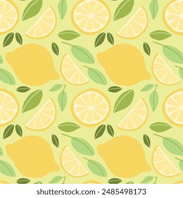 
Seamless lemon pattern with whole lemons, slices, and green leaves on a yellow background.