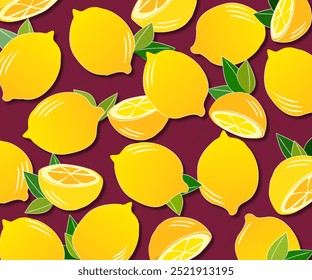 Seamless lemon pattern with whole lemons and slices on a bold magenta background. Fresh and colorful design, ideal for summer themes, kitchen decor, and fruit-inspired projects.