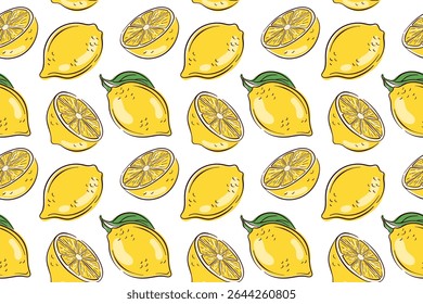 Seamless lemon pattern with whole and sliced yellow lemon on white background in flat style. Perfect for summer citrus fruit design, kitchen wallpaper, textile, packaging and healthy food theme.