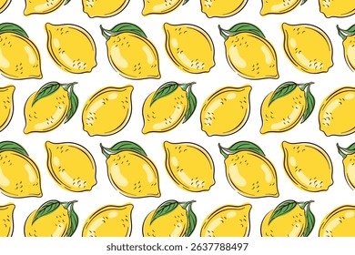 Seamless lemon pattern with whole yellow fruit and green leaf on a white background in flat style. Perfect for summer design, kitchen textile, packaging or fresh healthy fruit project.