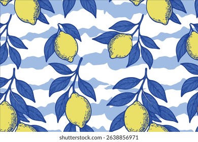 Seamless lemon pattern with yellow citrus fruits and bold blue leaves over soft wavy blue and white stripes. Bright, fresh, and ideal for summer and kitchen decor. Vector illustration