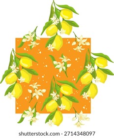 Seamless lemon patterns collection with citrus fruits, blossoms and leaves on orange backgrounds. Vector floral citrus designs: striped, scattered and lightning motifs. Ideal for fabric, wallpaper