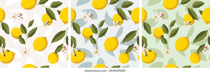 Seamless Lemon Patterns with Flowers and Leaves
