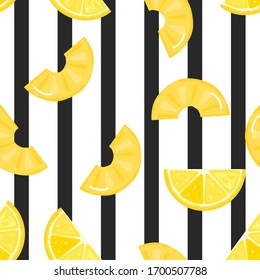 Nahtlos von Zitrone und Ananas auf gestreiftem Hintergrund Vektorillustration Illustration. Rute Fruchtmuster.