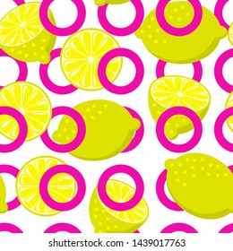 Seamless lemon pink circle backdrop. Vintage fruits background.