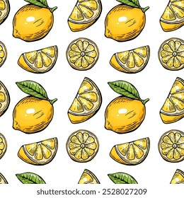 Seamless lemon sketch pattern, slice, engraving and black and white line. 