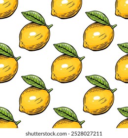 Seamless lemon sketch pattern, slice, engraving and black and white line. 