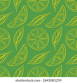 Seamless lemon slice pattern in line art style on green background. Perfect for organic food delivery packaging, kitchen wallpaper, summer cafe design and natural fruit background.