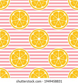 Seamless Lemon Slice Summer Fruit Vector Pattern. Repeat Background With Pink Stripe Elements. Trendy Fashion Print Design. Modern Illustration.