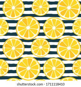 Seamless lemon slices pattern - citrus illustration  repeating on dark blue striped background