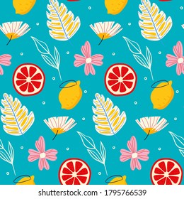 
Seamless lemon vector pattern. Cute citrus summer fruit slices fruit flower flora, tropical design