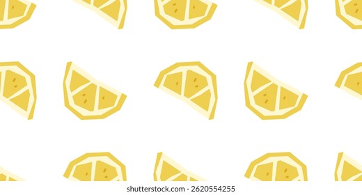 Seamless Lemon Wedge Pattern Design. Seamless pattern of stylized yellow lemon wedges in flat cartoon style. Bright citrus elements are arranged on a white background.