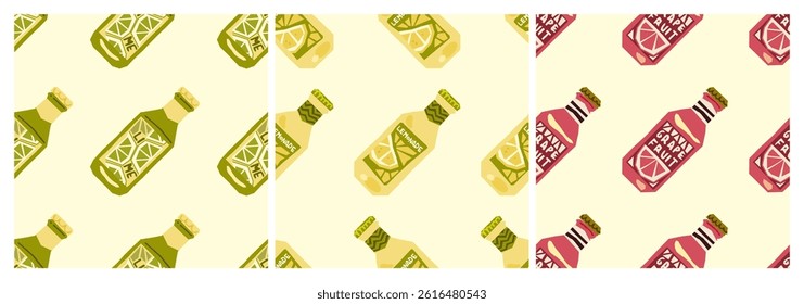 Seamless lemonade bottle patterns.  Set of three seamless patterns featuring lime, lemon, and grapefruit lemonade bottles in a cartoon flat style.