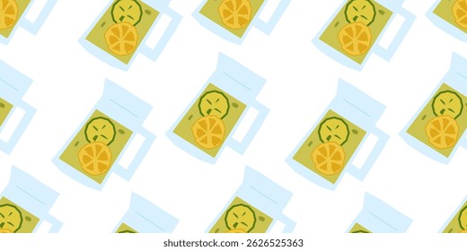 Seamless Lemonade Pitcher Pattern Design. Flat seamless pattern with cartoon pitchers filled with lemon and cucumber slices. Light summer color palette, isolated on white background.