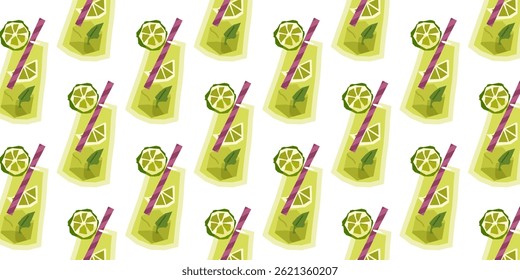 Seamless Lemonade Summer Drink Pattern. Bright seamless pattern of lemonade glasses with lime slices, mint leaves, and straws on a white background. Bold flat design in summer style.