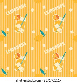 Seamless Lemonade Vector. Lemonade in a glass with a straw and a lemon slice. Whole lemon and striped orange background. Beverage pattern for textile, clothing or packaging print.
