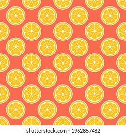 Seamless lemons fruit vector pattern. Repeat lemon slices background with healthy food and organic elements. Trendy orange summer fashion print design. Modern balanced diet illustration.