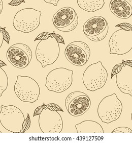 Seamless lemons pattern on beige background, hand drawn citrus vector pattern