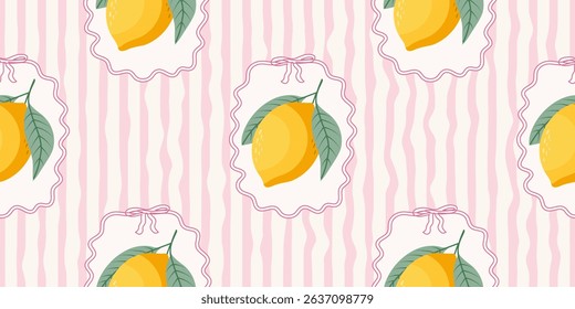 Seamless lemons pattern on pink and white wavy stripes. Summer repeating fruit pattern. Mediterranean coastal design background.