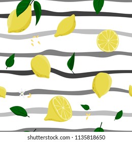 Seamless lemons and stripes hand drawn pattern. Stock vector